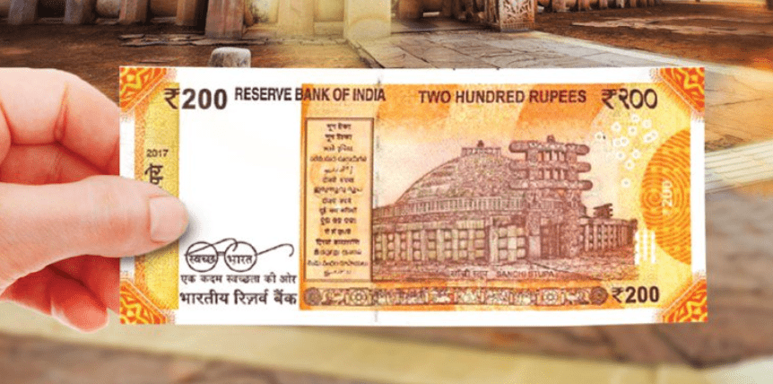 Sanchi Stupa symbolizing Buddhist philosophy and restraint on Rs 200 note