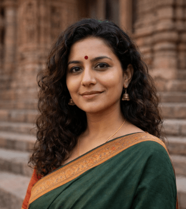 Portrait of Priya Deshmukh, a South Asian woman in her mid-30s, wearing a traditional green and orange saree with gold jhumkas and a red bindi. She smiles warmly against a historic sandstone backdrop with intricate carvings, embodying cultural heritage and history.