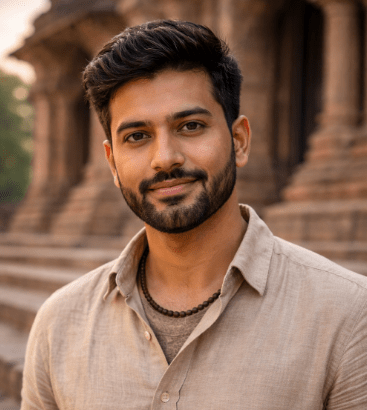 Portrait of Ravi Patel, a South Asian man in his 30s, smiling confidently in a beige linen shirt with a brown beaded necklace. He stands in front of a historical setting, with soft, warm lighting highlighting his features, representing a blend of modernity and cultural heritage.