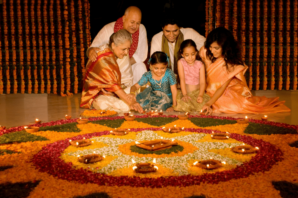 Indian family enjoying Diwali sparklers together, celebrating light joy and cultural tradition
