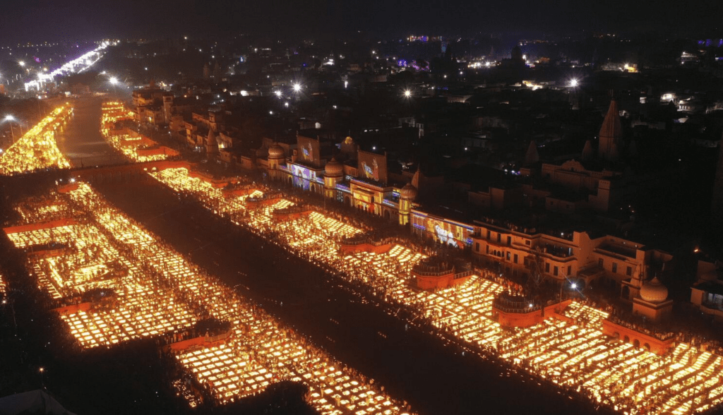 Urban Diwali lights symbolizing continuity of tradition in contemporary life