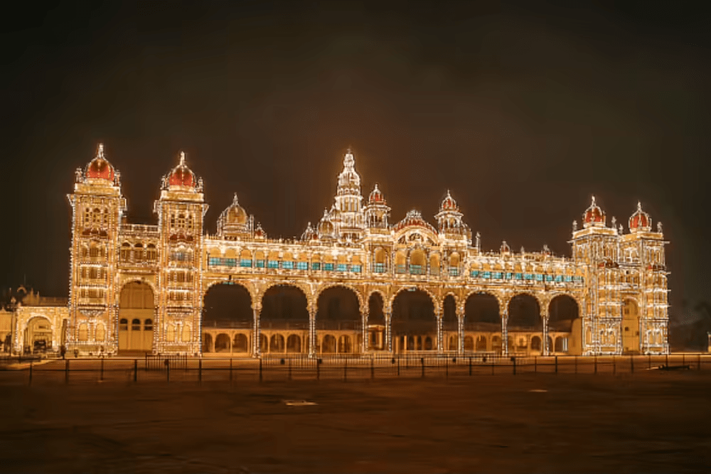 Sound and light show narrating Mysore Palace history under night sky