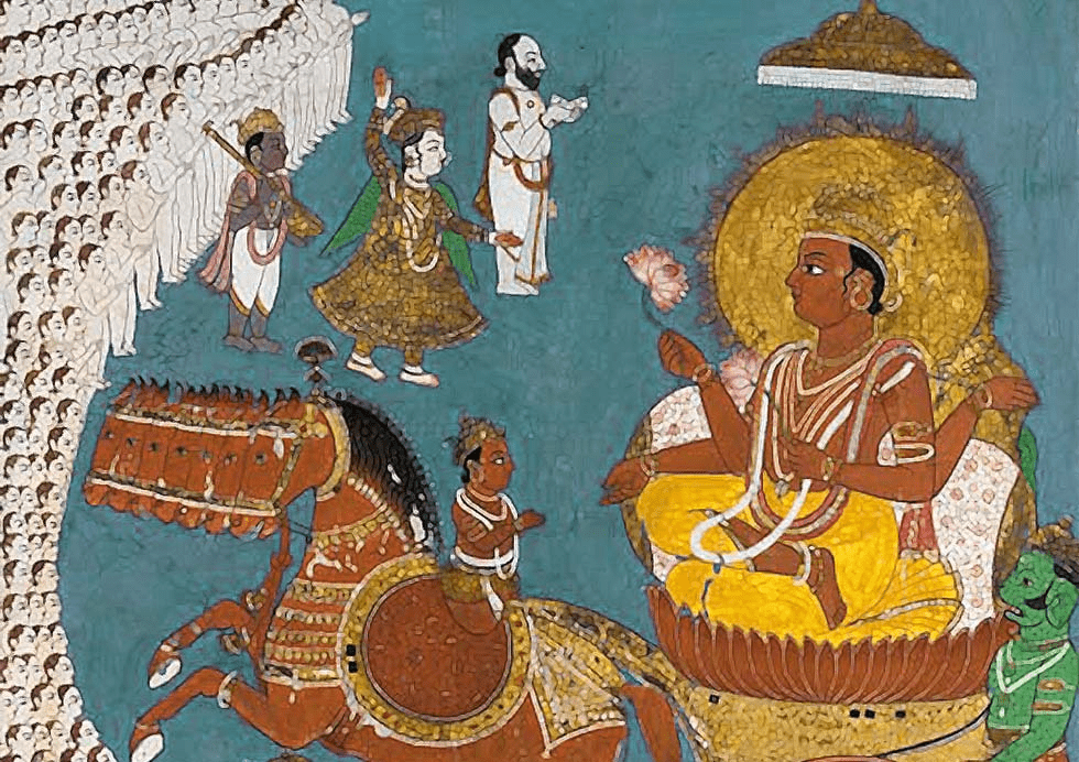 Mythological depiction of Karna offering prayers to Surya at riverbank