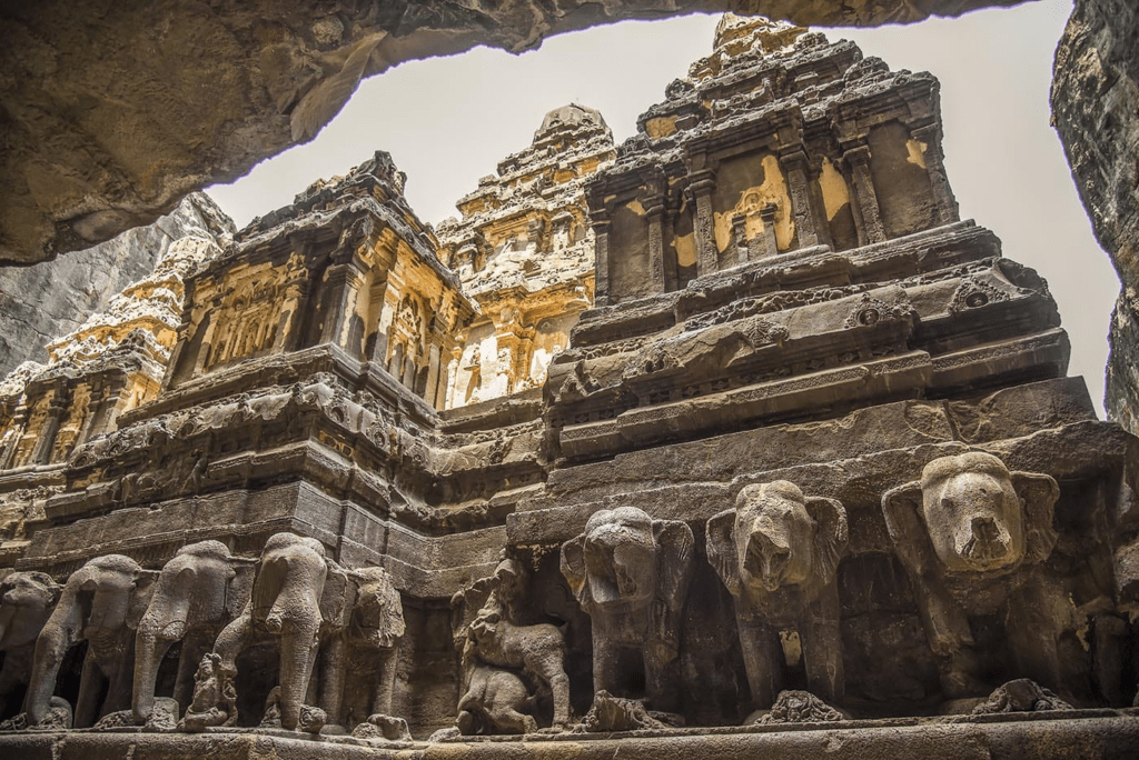 Ellora cliff rock strata revealing volcanic origins of cave complex