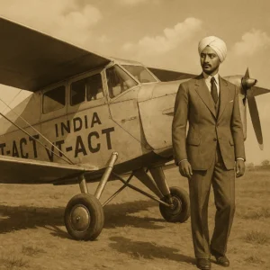A sepia-toned image of an early Indian pilot standing beside a vintage Puss Moth aircraft labeled "INDIA VT-ACT" on a rural airfield.