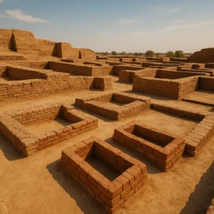 Ruins of Kalibangan showing mud-brick fire altars and walls under a clear sky, revealing ancient urban planning in an expansive desert landscape.