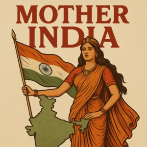 Illustrated vintage-style poster of Mother India holding the national flag and a map of India, with bold red text reading “MOTHER INDIA” above her.
