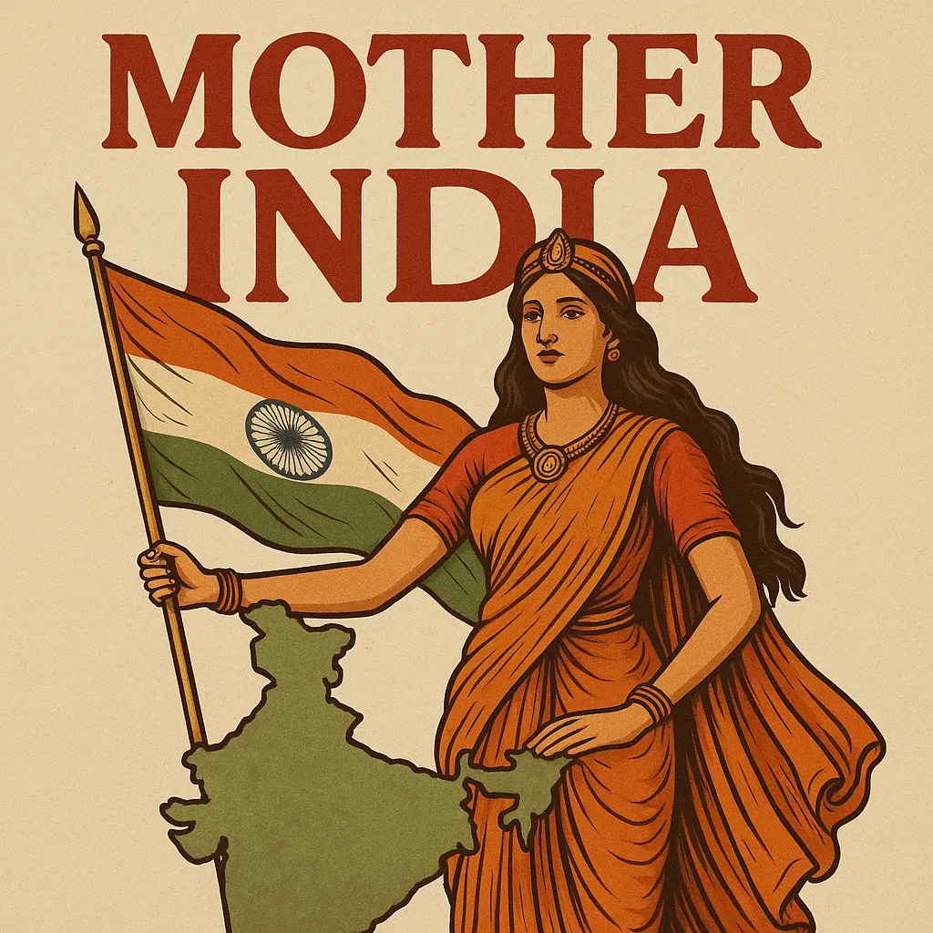 Illustrated vintage-style poster of Mother India holding the national flag and a map of India, with bold red text reading “MOTHER INDIA” above her.