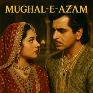Still from Mughal-E-Azam showing Prince Salim and Anarkali exchanging a gaze, dressed in regal Mughal attire, framed by an opulent palace interior.