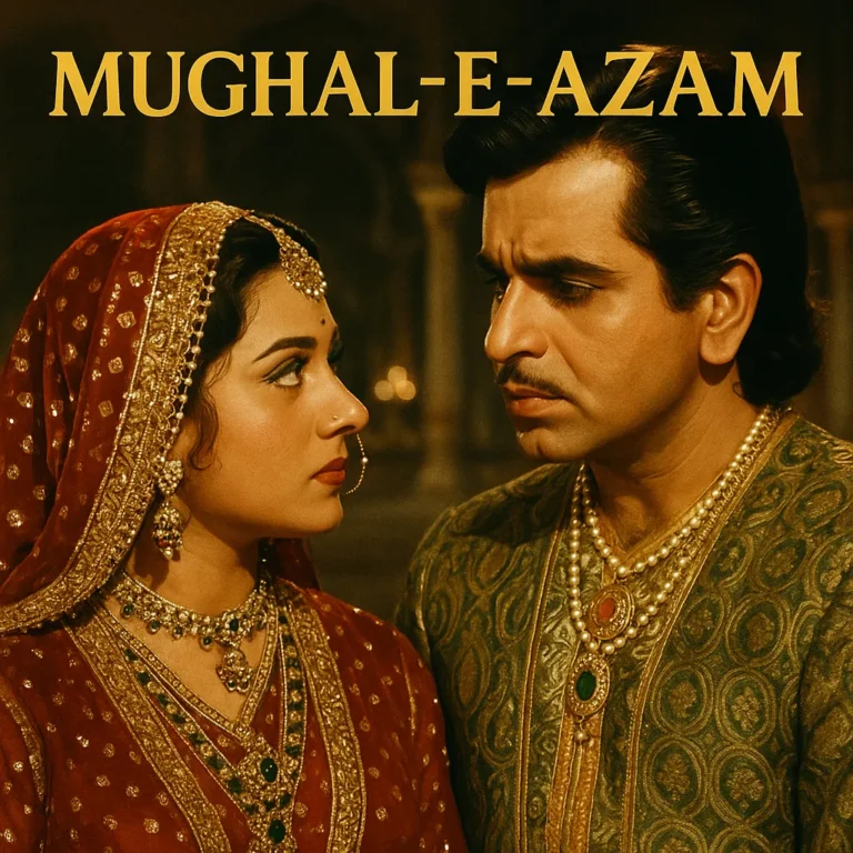 Still from Mughal-E-Azam showing Prince Salim and Anarkali exchanging a gaze, dressed in regal Mughal attire, framed by an opulent palace interior.